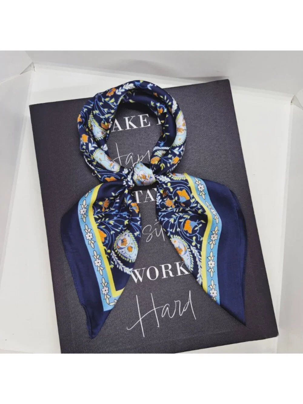 Elegant Navy Blue Floral Paisley Silky Satin Square Scarf Fashion Neck Accessory